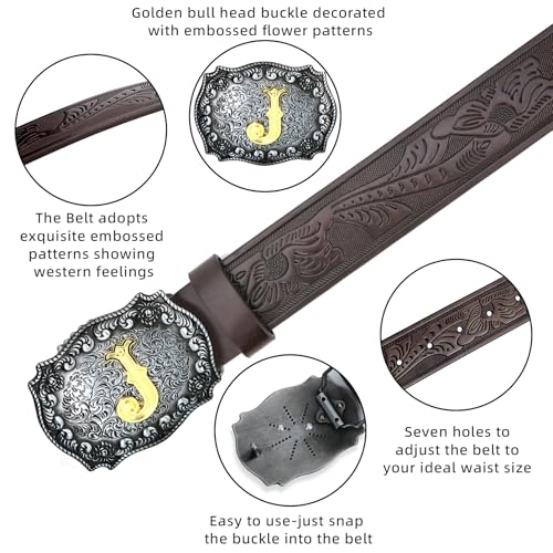 Image of Mens Western Cowboy Cowgirl Faux Leather Belt Longhorn Bull Pattern Letter Big Buckle Embossed Floral Belts