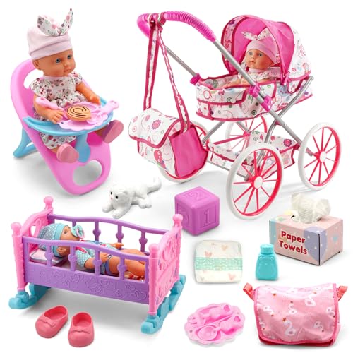 Baby Doll Stroller Toys Set W/Doll Accessories for 3-5 Year Old Girl Gift