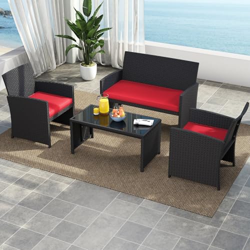 Image of Tangkula 4 Pices Patio Wicker Furniture Set, Outdoor Heavy Duty Rattan Cushioned Chairs, Loveseat and Tempered Glass Coffee Table, for Backyard, Balcony, Poolside