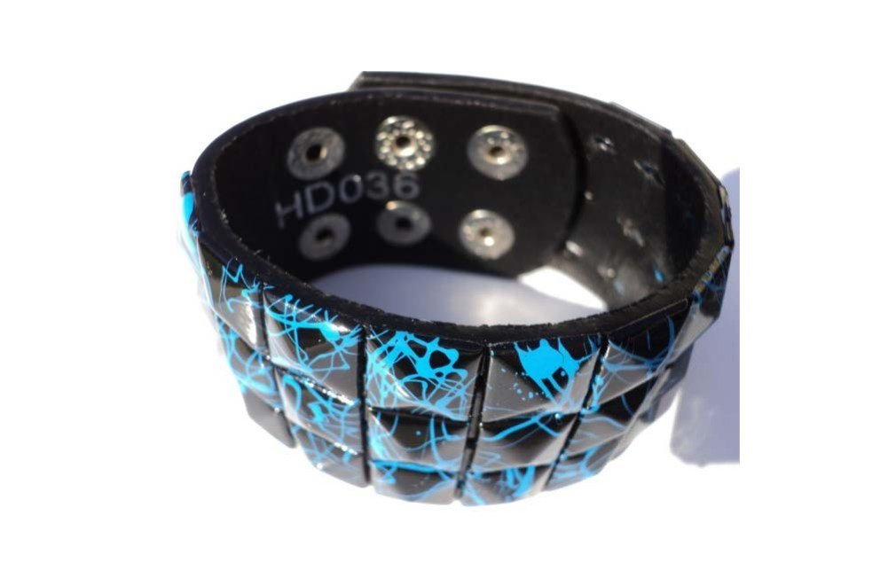 Blue Line Checkered Studded Black Leather Bracelet