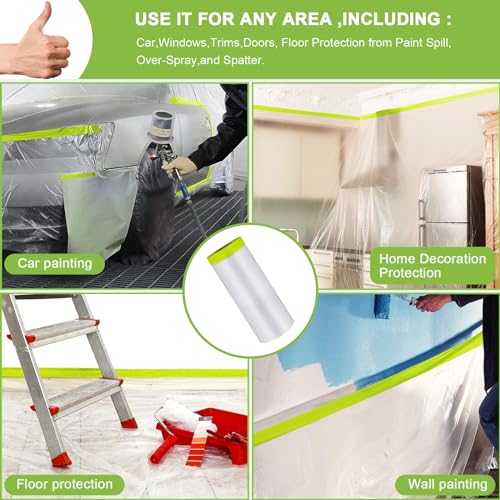 Image of Pre-Taped Masking Film-55inx65ft Tape and Drape Painters Paper Rolls, Plastic Painting Film for Automotive Painting Covering （Masking Film:2rolls,Tape:1roll）