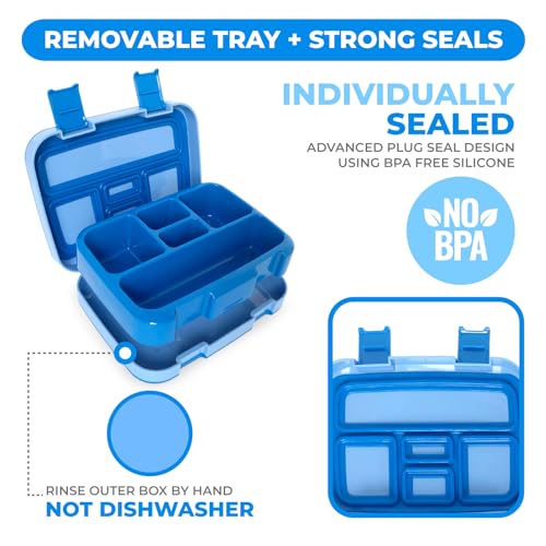 Image of kinsho Bento Lunch Box for Kids Toddlers Boys, 5 Portion Sections Secure Lid, Microwave Safe BPA Free Removable Tray, Pre-School Kid Daycare Lunches Snack Container Ages 3 to 5, Blue