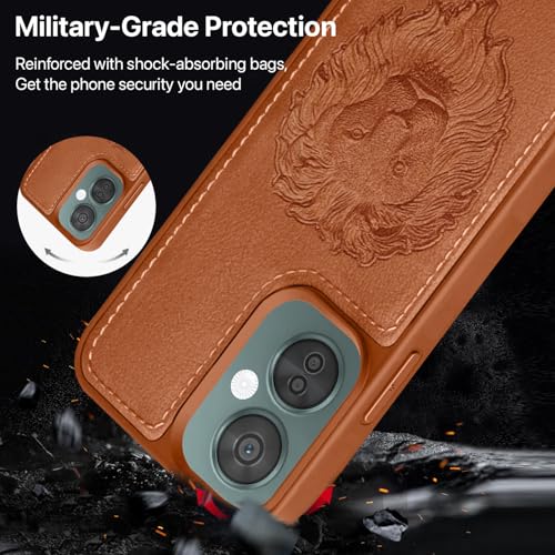 Image of Vaku Luxos Lion Embossed Back Cover Case for OnePlus Nord CE 3 Lite Premium Leather Stitched Soft Shockproof Protective TPU Phone Case Camera Screen Protector- Brown