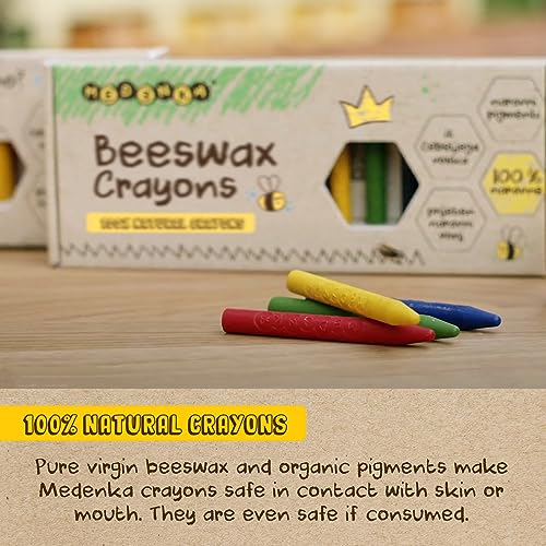 Medenka Wachsmalstifte ab 3 Jahre | 100% reines, europäisches Bienenwachs | Ungiftig | 90mmx10mm | Ohne unnötige Zusatzstoffe & Umweltfreundlich | 12er Pack