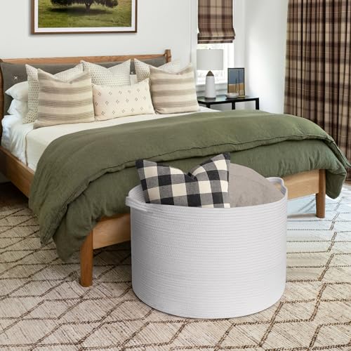 Image of MEGASKET 115L White Cotton Rope Storage Basket, 23.6 inchx15.7 inch Extra Large Blanket Storage Living Room, XXXL Soft Toy Bin for Organizing, Woven Baby Laundry Basket with Handle, Wicker Hamper Nursery