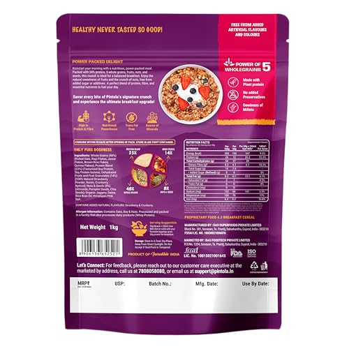 Image of Pintola 25g High Protein Muesli, Fruit & Nut, 1kg | Gluten-Free, Naturally Sweetened with Organic Jaggery & Dates, 22% Fruits, Nuts & Seeds, No Refined Sugar, Healthy Breakfast Cereal (Pack of 2)