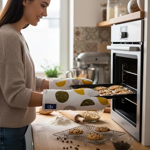Image of Encasa XO Extra Long 18x35 cm Microwave Oven Gloves Mitts (2 pcs) for Kitchen Cooking - Yellow Moon - Heat Resistant, Thick & Safe, Protection of Hands from Hot Utensils, Gas Flame, Grill, Barbecue