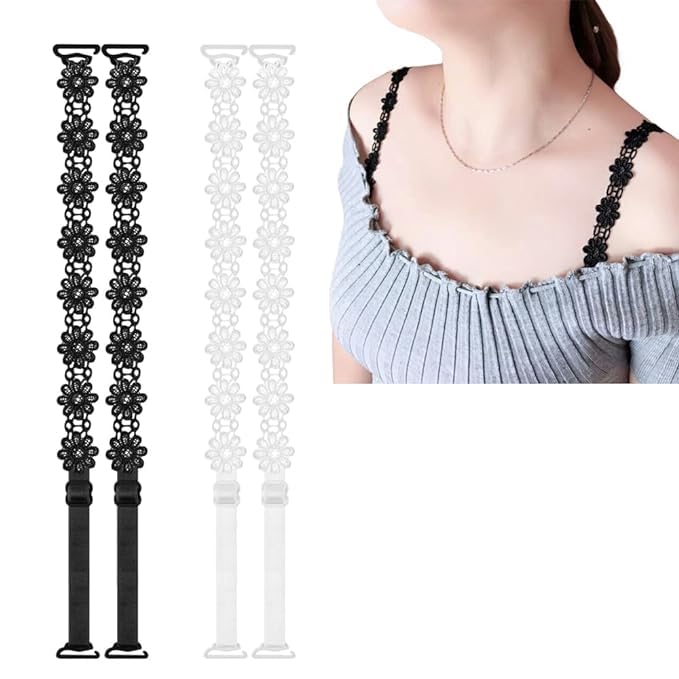 2 Pairs Adjustable Non Slip Lace Flower Bra Straps Replacement Elastic Bra Shoulder Straps Supporter Strapless Bras Women's Girls Tops Lingerie Straps for Women - White and Black-image-15