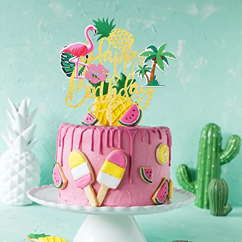 Zhuoweism ZW541 1 Pcs Flamingo Happy Birthday Cake Topper Glitter Palm Tree Turtle Leaf Flower Pineapple Flamingo Cake Pick Decorations For Tropical Hawaiian Luau Theme Baby Shower Kids Birthday Party Supplies thumb #5