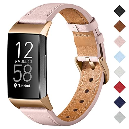 CeMiKa Rem kompatibel med Fitbit Charge 4 rem/Fitbit Charge 3 rem, äkta läderrem ersättningsarmband för Charge 3/Charge 4 Tracker, Rosa/Roséguld