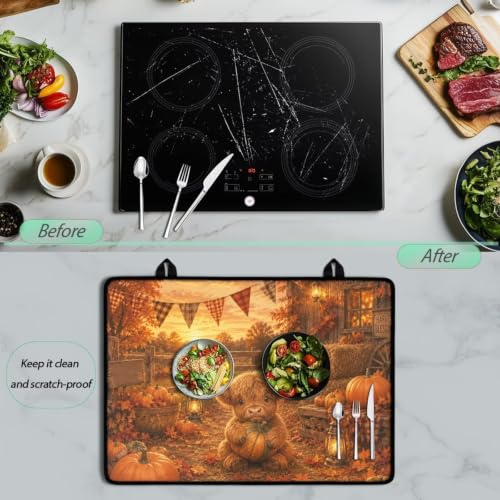 Image of Electric Stove Top Covers Heat Resistant Glass Ceramic Cooktop Cover Mat Fall Season Kitchen Scratch Resistant Flat Top Stove Cover, 29 x 21 Inch, Highland Cow Pumpkin Print