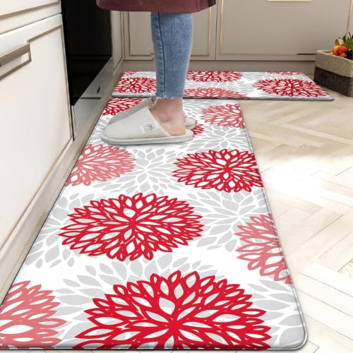 Kitchen Mats Set of 2 Cushioned Anti Fatigue Kitchen Rugs Non Slip Waterproof Kitchen Runner Memory Foam Kitchen Floor Mat Comfort Standing Mat for Sink,Office,Laundry, Red