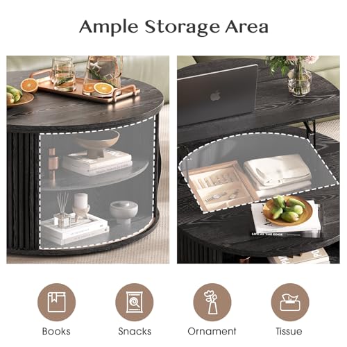 Image of JOINICE Round Lift Top Coffee Table with Storage for Living Room,Black | 31.5 inch Drum Design,Hidden Storage&Open Shelf,Modern Fluted Center Table for Small Apartments,Easy Assembly,Up to 150 lbs