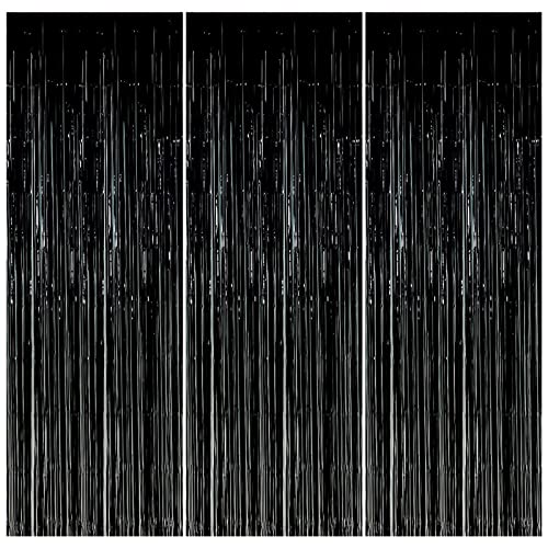Catime 3 Piezas Aluminio Lamina Metálica Cortinas, 1 x 2 M Cortinas de Flecos Metálicos Brillantes, Cortina de Oropel Metálica para Fiesta Boda Cumpleaños Ventanas Puerta Decoración (Negro)