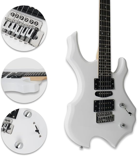 Full Size Fire Flame White Electric Guitar Kit With 20W Amp HSH Pickup 24F Single tremolo 1V 1T 5 Ways Toggle Solid Popular Body Maple Neck Bag Strap Noiseless Cable Capo String Picks As Free