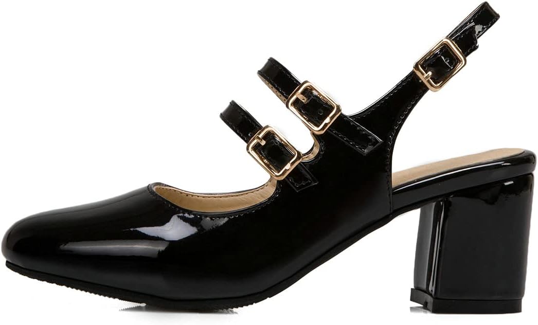 BEAUPAS Women's Chunky High Heel Patent Leather Pumps Ankle Strap Block Heel Pumps Slingback Buckle Shoes