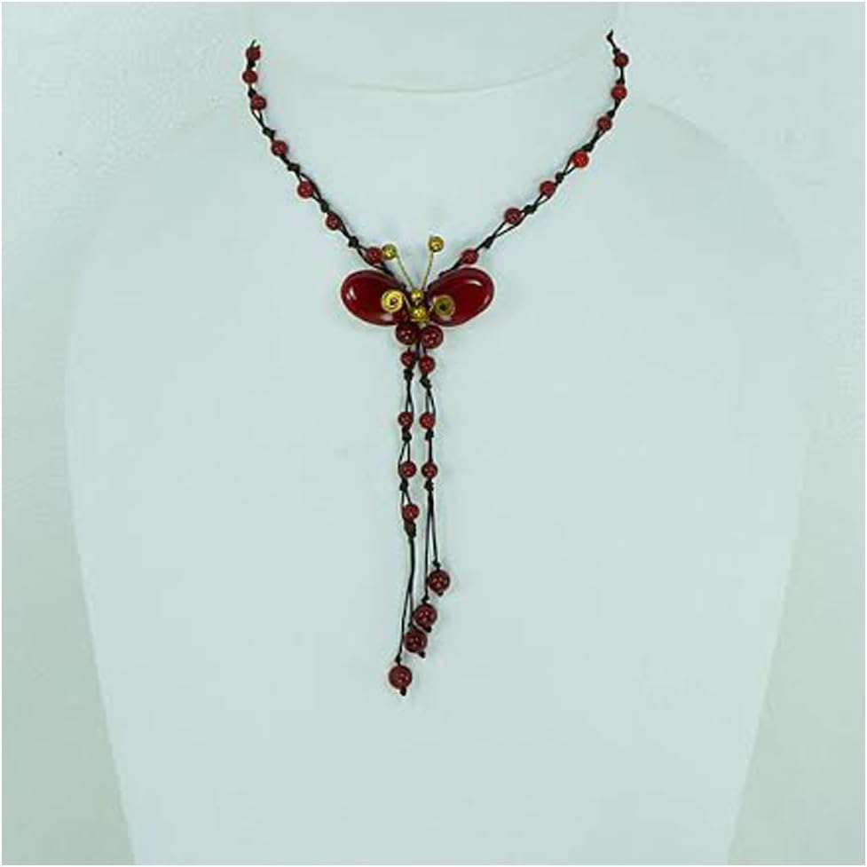 Thai Handmade Flower Shell Necklace Decorated with Bead and Stone Beautiful (Red)