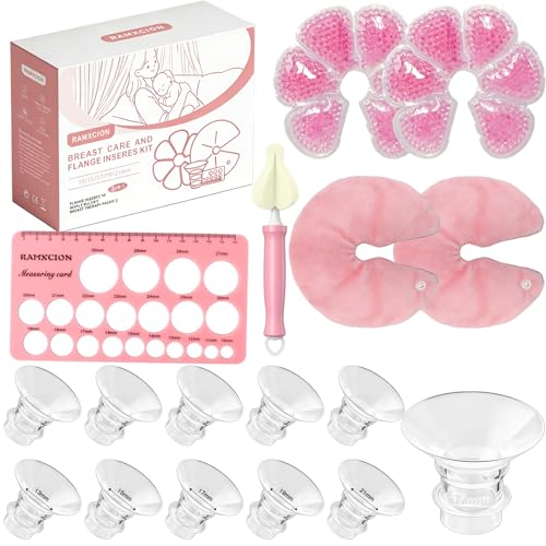 Flange Inserts 13/15/17/19/21mm for 24mm Flange/Shield of Most Breast Pump 3-in-1 Breast Cooling Gel Pads & Nipple Rulers - BPA Free Flange Sizing Kit for New Moms (Flange Inserts+Gel Pads)