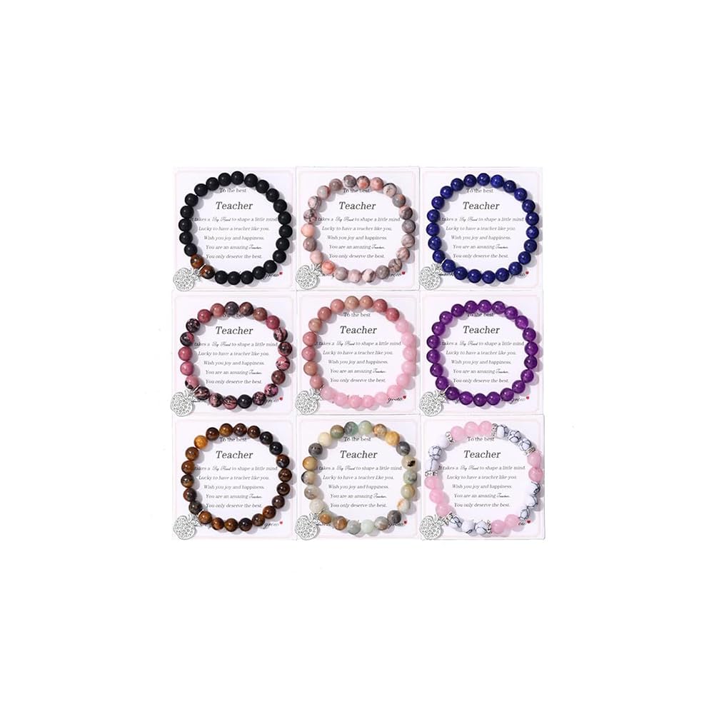 CASDAN 9 Pcs Teacher Appreciation Bracelet for Women Men Natural Stone teacher Bracelet Gifts Apple Pendant Elastic Bead Bracelets With Message Card