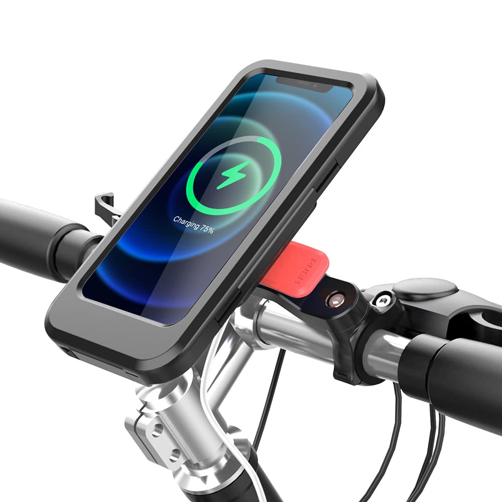 porotmotor Waterproof Motorcycle Phone Holder with Charger, Waterproof Phone Mount with Quick Release, Wireless Charging, and Enhanced Stability