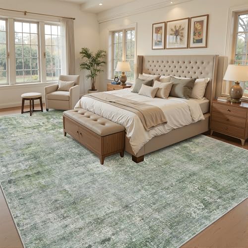 Image of Soalmost Abstract Rug 8x10 Large Living Room Rugs Neutral Modern Washable Area Rugs for Bedroom Dining Room Non-Slip Stain Resistant Foldable Thin Rug Green