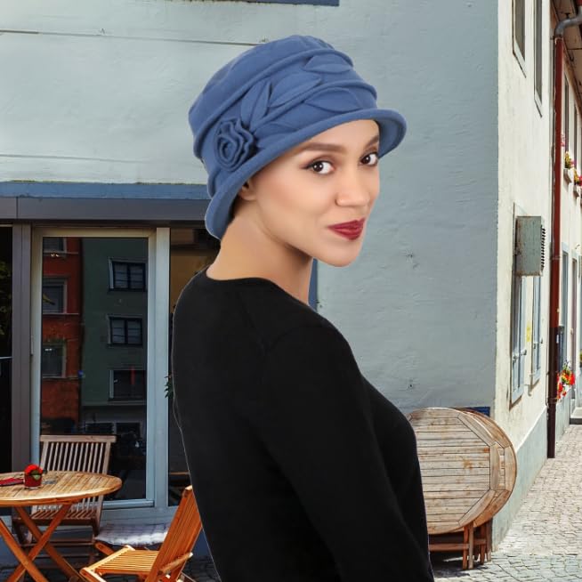 Fleece Hats for Women Cloche Cancer Headwear Chemo Ladies Winter Head Coverings Lady Rose (Blue Grey)