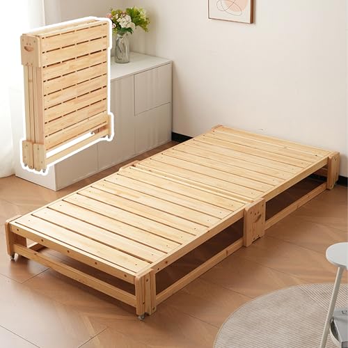 BTYJLEBE 折りたたみベッド シングル ベッドフレーム【簡単収納・設置・移動|空間節約の達人】耐荷重120KG|天然木製 キャスタ一付き 折り畳みベッド 95x197cm 標準サイズ【組立品】