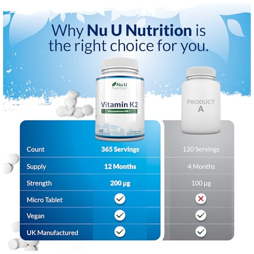 Vitamin K2 MK7 200mcg - 365 Vegan Tablets not Capsules - 1 a Day - 1 Year Supply - High Strength VIT K2 Menaquinone - Easy to Swallow - Made in The UK - Nu U Nutrition - Image 6