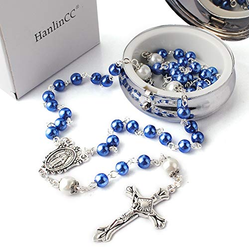 hanlincc 6mm glass pearl beads with 8mm our father beads with caps rosary pack in miraculous metal gift box