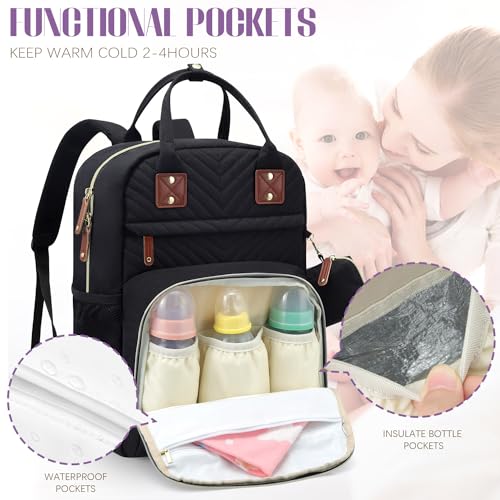 Image of Tuwubi Diaper Bag Backpack, Baby Essentials Travel Tote Bag, Multi function Waterproof Backpacks, Travel Essentials with Stroller Straps & Pacifier Case - Black