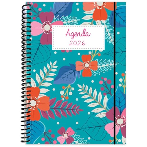 Agenda 2026 1 DIA POR PAGINA Diseño Floral Diario Formato A5 Con Espiral Tapas Plásticas Papel Premium 320 Páginas Planificador Personal Colorido Ideal Oficina Estudiantes Mujeres Organizadas