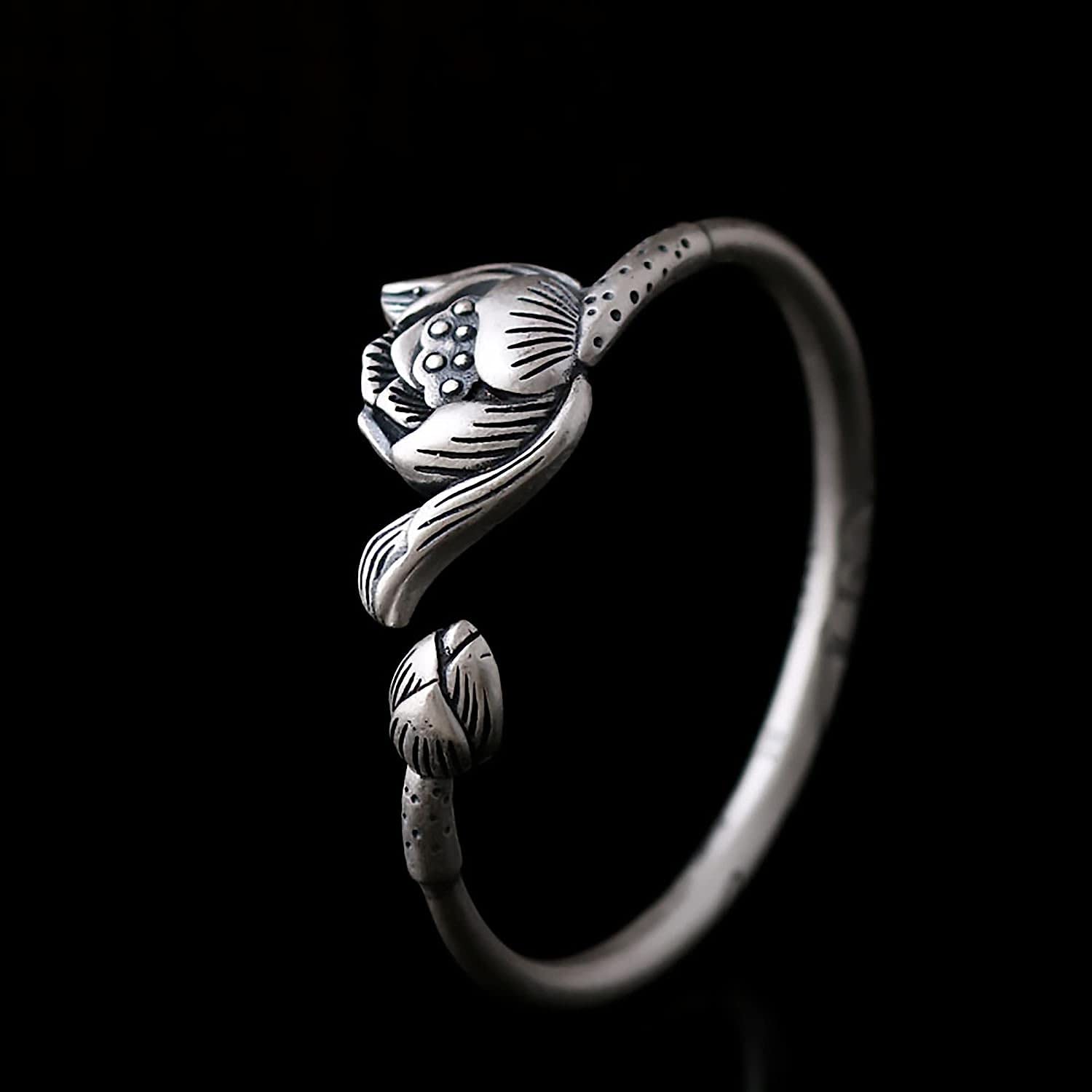 catene a catena, regolabili; Bracciale rigido aperto in argento sterling S990 for donna con motivi di loto e orchidea, 42 g