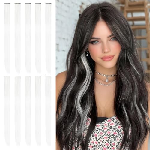 Sofeiyan 10 Pcs Colored Hair Extensions Party Highlights Colorful Clip in Hair Extensions 22 Inch Straight Synthetic Hairpieces for Women Kids Girls Halloween Christmas Cosplay, 10pcs White