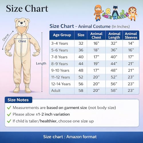 Image of Raj Costume Animal Fancy Dress Costume for Boys & Girls | Hooded Full Body Wildlife Zoo Animal Jumpsuit | Soft Costume for School Function, Fancy Dress, Halloween, Birthday, Cosplay & Role Play