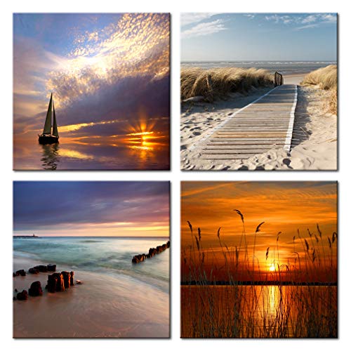 decomonkey - Impression sur Toile Plage Mer 60x60 4 Pièces - Tableau Décoration Appartement Cadre en Bois Déco Salon Peinture sur Toile Bateaux mer nature...
