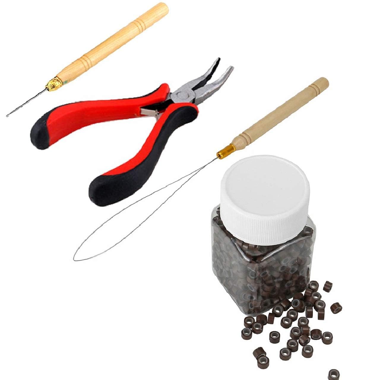 DELUXE HAIR Hair Extension Kit Pliers Pulling Hook Bead Device Tool Kits and 200PCS Brown Silicone Lined Micro Rings-image-28