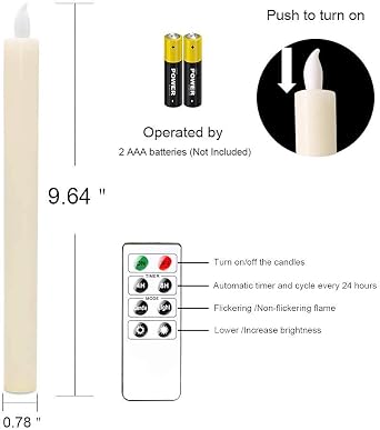 Ivory Flameless Taper Candles with Remote and Timer 6 Pack Battery Operated LED Flickering Taper Candles Real Wax Dimmable Light Dinner Wedding Holiday Decor(0.78 D x 9.64 H)