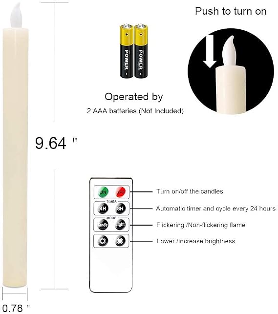 Ivory Flameless Taper Candles with Remote and Timer 6 Pack Battery Operated LED Flickering Taper Candles Real Wax Dimmable Light Dinner Wedding Holiday Decor(0.78 D x 9.64 H)
