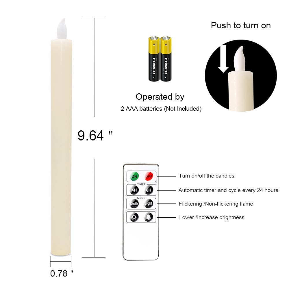 Velas cónicas sin llama de marfil con control remoto y temporizador, paquete de 6 velas LED parpadeantes que funcionan con pilas, cera real, luz regulable, decoración de cenas, bodas y 6