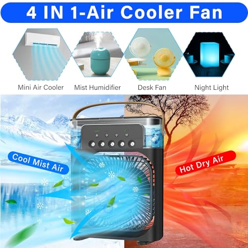Image of BIGASUO Mini Cooler for Room Cooling AC Portable Mini Fan Artic Cooler with 7 Colors LED Light, 1 /2 /3 H Timer, 3 Wind Speeds and 3 Spray Modes for Office,Home,Dorm,Travel / (1204) (BLACK, B18)