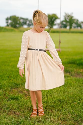 Little Girls Fall Winter Puff Long Sleeve Swiss Dot Dresses A-Line Knit Dress with Belt for Kids Size 4-123