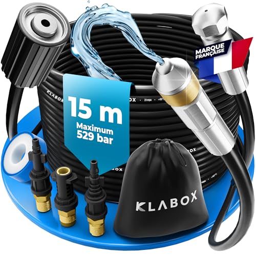 KLABOX Deboucheur Canalisation Haute Pression 15m | Furet Karcher Compatible avec Karcher K2-K7, Lavor, Bosch, Parkside et d'Autres Marques | Inclut 3 Adaptateurs, 2...