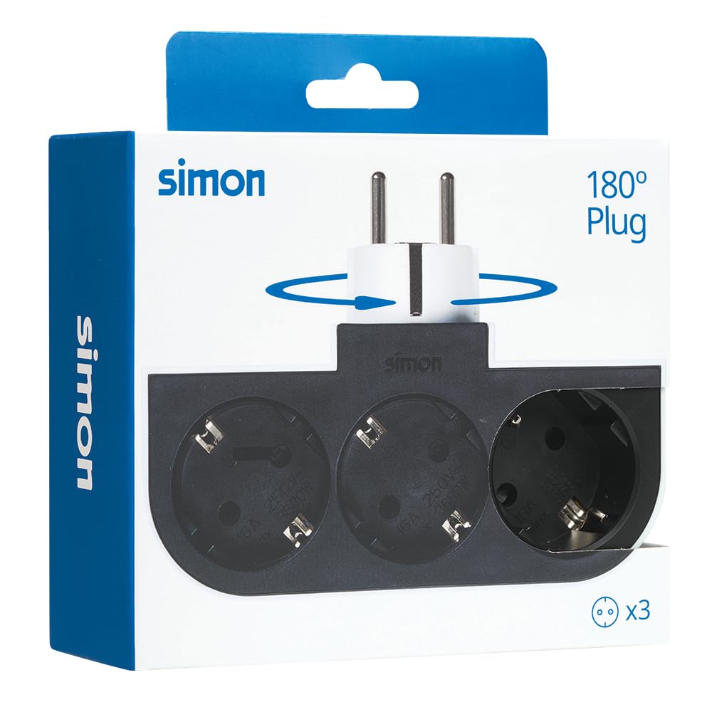Simon – Adaptador Giratorio Plug 3 Tomas 16A (250V, 3680W), Rotación180º, Enchufe Compacto para Esquinas o Detrás de Muebles, Color Negro y Blanco