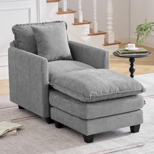 Image of 30'' Cloud Single Couch with Ottoman, Cloud Sofa with Throw Pillow, Modern 1 Seater Reading Chair with Deep Seat, Accent Chairs for Living Room, Bedroom, Small Apartment, Light Grey