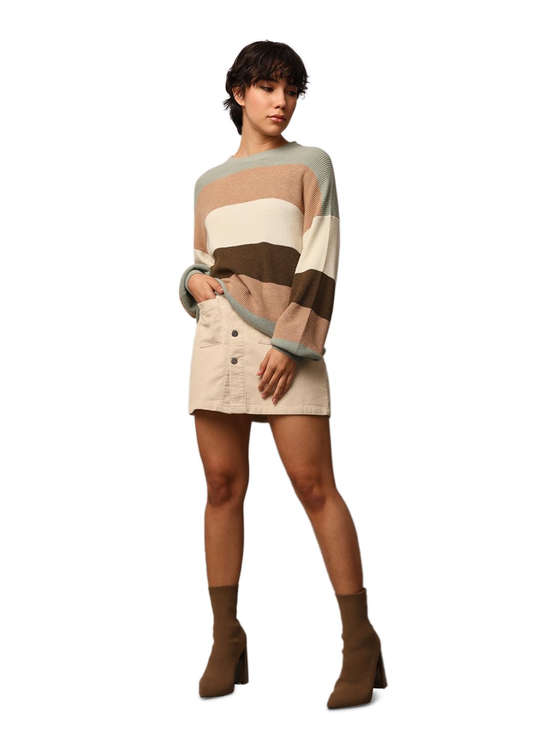 Only Maglione Donna 15220044, Verde Cerchio/Strisce: Cocco Tostato, Pietra Pumice Breen, Xl-image