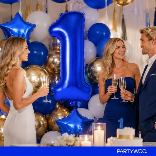 Image of PartyWoo Royal Blue Number 1 Balloon 40 Inch 25pcs Blue Star White Gold