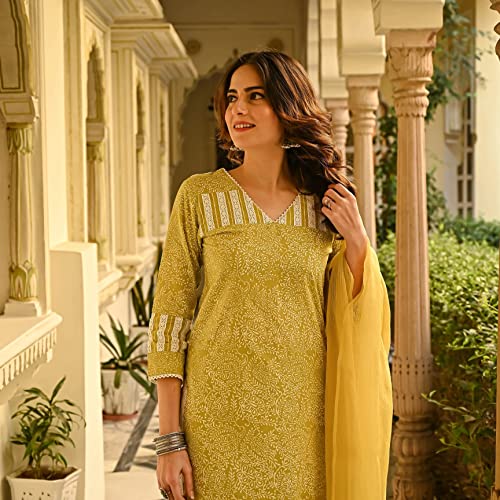 Image of Royal Export Women's Floral Printed Straight Kurta Pant Dupatta Set | Ethnic Kurta Set for Women | Cotton Blend 3 /4 Sleeve Regular Fit | Mustard