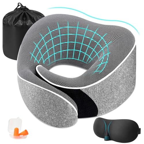 Qintora Coussin de Voyage, Oreiller de Voyage Memoire Forme, Coussin Voyage de Forme pour Adultes, pour Les Yeux, Bouchons d'oreille et Sac de Rangement,...