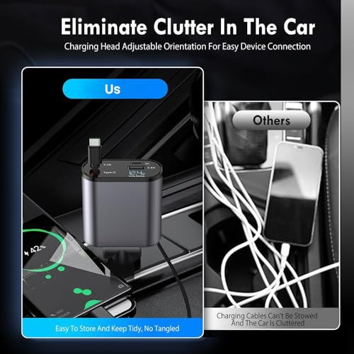 Image of Retractable Car Charger, 120W 4 in 1 Super Fast Charge Car Phone Charger, Retractable Cables and 2 USB Ports Car Adapter for iPhone 15 /14 /13 /12 Pro Max Xr, Ipad, Pixel, Silver