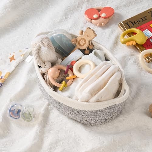 Image of Small Woven Gift Basket Empty with Bag & Ribbon - Gifts for Mom, Baby Shower, Birthdays & Raffle - Cotton Rope Storage Basket for Dog Toys or Shelf - 12 inchx8 inchx5 inch, White & Gray